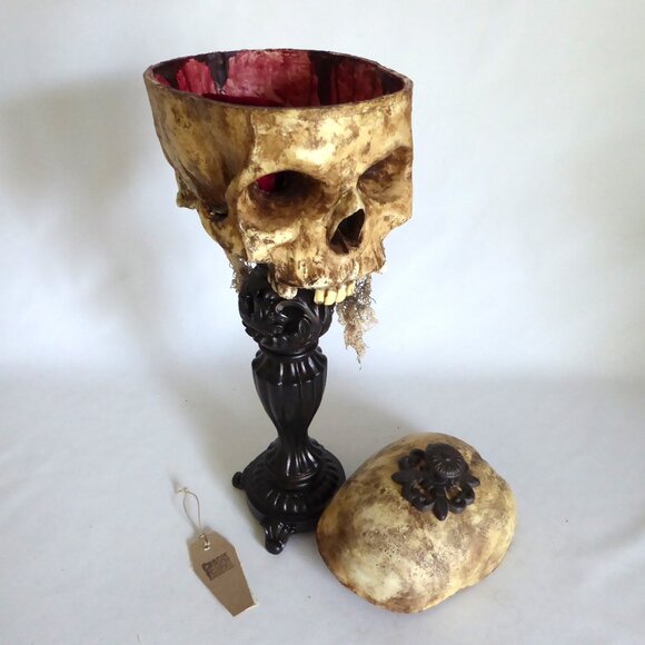 Cradle to GRave Curiosities Other - NEW 20” LIDDED SKULL CANDY BOWL CURIOSITIES UPCYCLED GOTHIC HORROR FIGURE ODDITY
